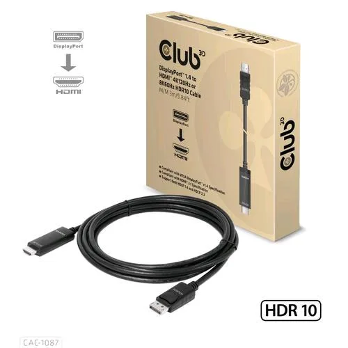 CLUB3D Cac-1087 Cavo Adattatore da Displayport 1.4 Ad HDMI 4K144HZ Or 8K60HZ HDR10 Maschio/Maschio 3 m Nero
