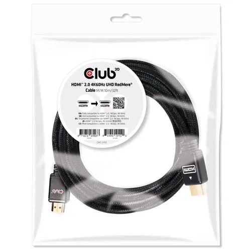CLUB3D Cavo HDMI 2.0 Male To HDMI 2.0 Male 10 m High Speed 4K 60Hz UHD Redmere Black