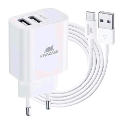 Rivacase Caricabatterie da Rete 12 W 2.4A - 2 x USB-A + Cavo di Ricarica da USB-A a USB-C 1 m Incluso Nella Confezione Bianco