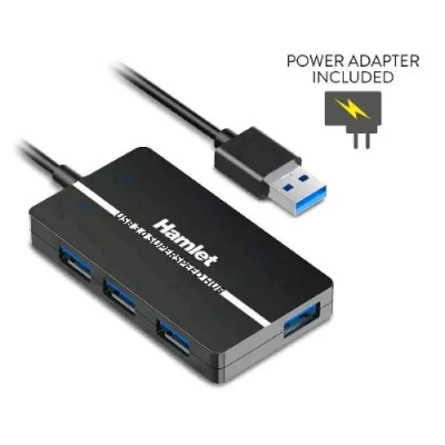 Hamlet Compact Slim Hub 4 Porte USB-A 3.2 Gen 1 5.0 Gbps con Alimentatore da 10 Watt Alimentatore Incluso Nero