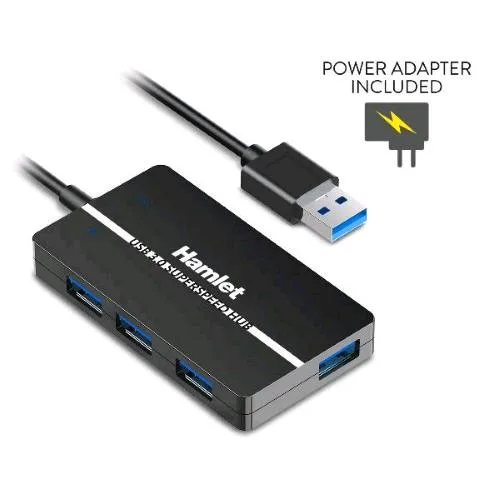 Hamlet Compact Slim Hub 4 Porte USB-A 3.2 Gen 1 5.0 Gbps con Alimentatore da 10 Watt Alimentatore Incluso Nero