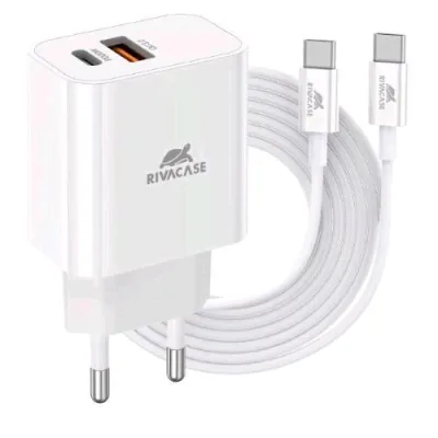 Rivacase Caricabatterie da Rete PD 20 W 2 Uscite 1 x USB-A 1 x USB-C + Cavo USB-C Maschio/Maschio 1 m Bianco