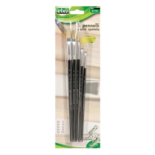 Lebez Blister Pennelli in Setola Punta a Spatola Varie Misure Manico in Legno Col. Nero Conf 5 Pz.