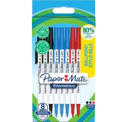 Papermate Kilometrico Recycled Penna a Sfera Punta 1 mm Inchiostro Colori Assortiti Conf 8 Pz.