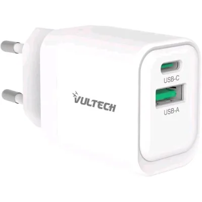 Vultech CC33-1C1A Caricabatterie da Rete Gan 33 W QC3.0 PPS PD 3.0 - 1 x USB-A 1 x USB-C Bianco