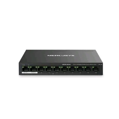 Mercusys MS110P Switch 10 Porte Fast Ethernet (10/100) di Cui 8 POE+ (65W) 2 Porte Uplink in Metallo Desktop Nero