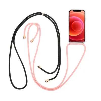 Celly Apple iPHONE 13 Lacet Cover in Morbida Gomma Tpu con Laccio da Collo Regolabile. Trasparente Lacci Nero/Rosa