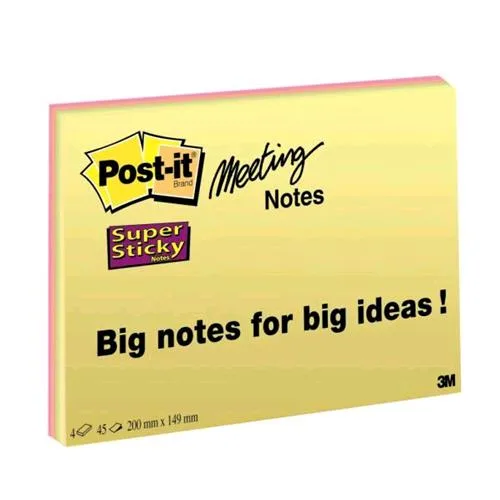 3M Post-It Super Sticky Meeting Blocchetti 45 Fogli Post-It 149MMX200MM Colori Assortiti Conf. 4 Pz.