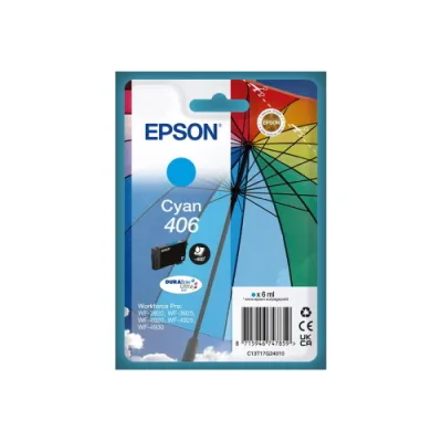 Epson 406 Durabrite Ultra Cartuccia Ink Ciano Serie Ombrello 6 ml 450 Pagine per Workforce Pro: WF-3920, WF-3925, WF-4920, WF-4925, WF-4930