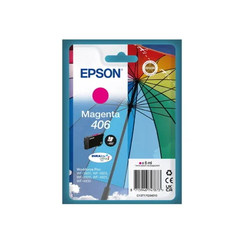 Epson 406 Durabrite Ultra Cartuccia Ink Magenta Serie Ombrello 6 ml 450 Pagine per Workforce Pro: WF-3920, WF-3925, WF-4920, WF-4925, WF-4930