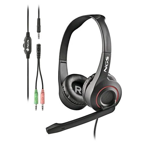 NGS MSX10 Pro Cuffie On-Ear con Microfono Flessibile Conessione Jack da 3.5mm e Doppio Adattatore Jack per PC 20 Hz Large Nero