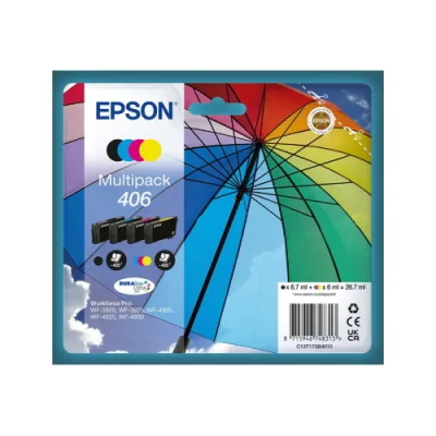 Epson 406 Durabrite Ultra Cartuccia Ink Multipack Serie Ombrello Nero, Giallo, Ciano, Magenta per Workforce Pro: WF-3920, WF-3925, WF-4920, WF-4925, WF-4930