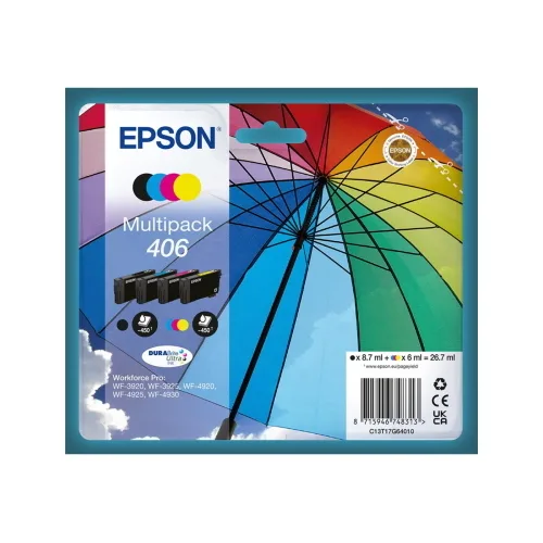 Epson 406 Durabrite Ultra Cartuccia Ink Multipack Serie Ombrello Nero, Giallo, Ciano, Magenta per Workforce Pro: WF-3920, WF-3925, WF-4920, WF-4925, WF-4930