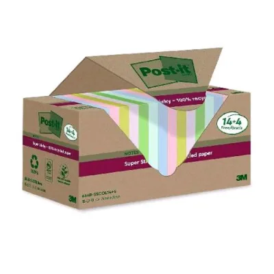 3M Post-It Super Sticky Riciclati Blocchetto 76X76 mm 70 Fogli Colori Assortiti Conf 14+4 Pz.