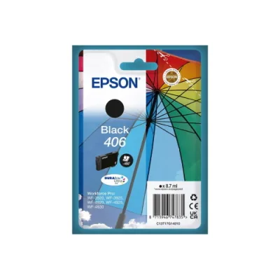 Epson 406 Durabrite Ultra Cartuccia Ink Nero Serie Ombrello 8.7 ml 450 Pagine per Workforce Pro: WF-3920, WF-3925, WF-4920, WF-4925, WF-4930
