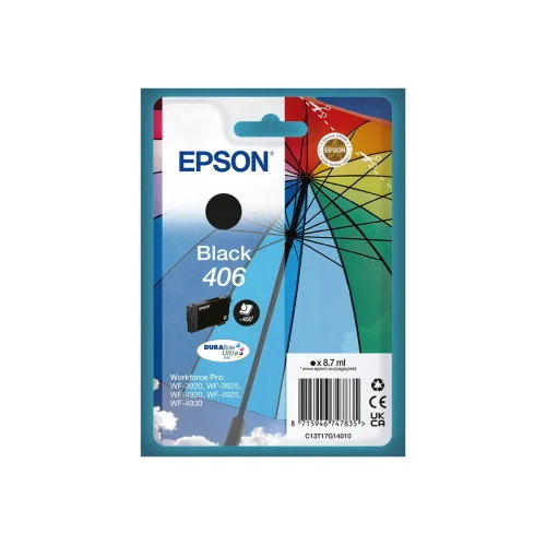 Epson 406 Durabrite Ultra Cartuccia Ink Nero Serie Ombrello 8.7 ml 450 Pagine per Workforce Pro: WF-3920, WF-3925, WF-4920, WF-4925, WF-4930