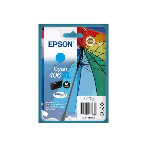 Epson 406XL Durabrite Ultra Cartuccia Ink Ciano Serie Ombrello 12.5 ml 1.200 Pagine per Workforce Pro: WF-3920, WF-3925, WF-4920, WF-4925, WF-4930