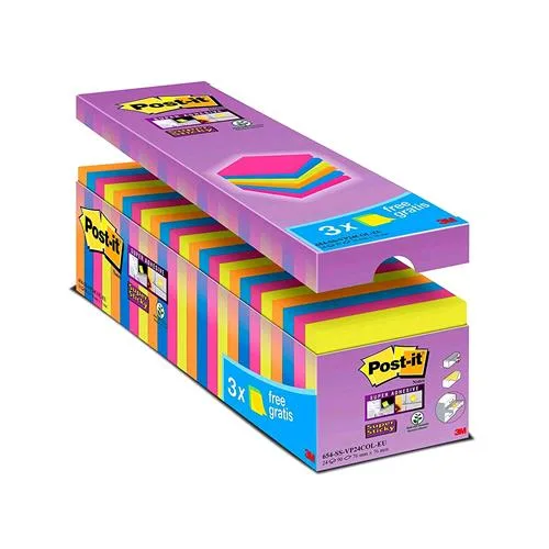 3M Post-It Value Pack Super Sticky Blocchetti 90 Fogli Post-It 76mm x 76mm Col. Assortiti Conf 24 Pz.