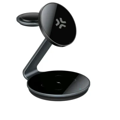 Celly Magsafe Stand Magnetic Wireless Charger 3 in 1 Caricabatterie per Caricare 3 Dispositivi Contemporaneamente AirPods, Apple Watch e iPHONE con Sistema Magsafe Nero