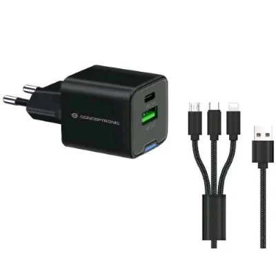 Conceptronic ALTHEA16B Caribatterie da Rete USB PD Gan 2 Porte 33 W con Cavo di Ricarica 3 in 1 (1X USB-C, 1X USB-A, QC 3.0, PPS) Nero