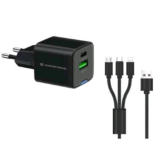 Conceptronic ALTHEA16B Caribatterie da Rete USB PD Gan 2 Porte 33 W con Cavo di Ricarica 3 in 1 (1X USB-C, 1X USB-A, QC 3.0, PPS) Nero