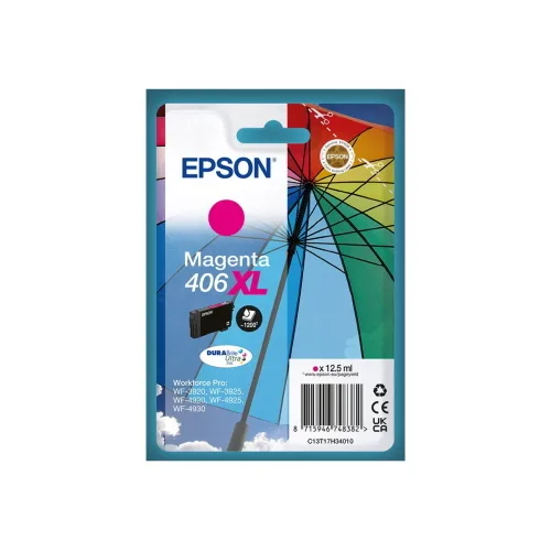 Epson 406XL Durabrite Ultra Cartuccia Ink Magenta Serie Ombrello 12.5 ml 1.200 Pagine per Workforce Pro: WF-3920, WF-3925, WF-4920, WF-4925, WF-4930