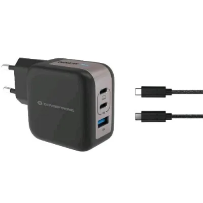 Conceptronic ALTHEA17B Caricabatterie da Rete Gan PD 67 W 3 Porte 2X USB-C, 1X USB-A, QC 3.0, PPS Cavo USB-C 1.5 m 3A Incluso Nero