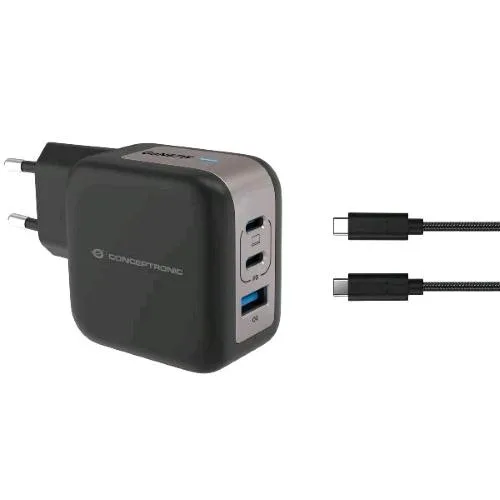 Conceptronic ALTHEA17B Caricabatterie da Rete Gan PD 67 W 3 Porte 2X USB-C, 1X USB-A, QC 3.0, PPS Cavo USB-C 1.5 m 3A Incluso Nero