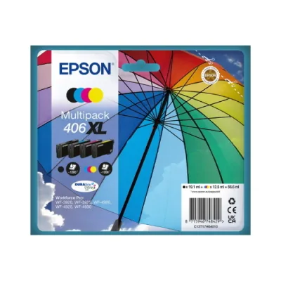 Epson 406XL Durabrite Ultra Cartuccia Ink Multipack Serie Ombrello Nero, Giallo, Ciano, Magenta per Workforce Pro: WF-3920, WF-3925, WF-4920, WF-4925, WF-4930