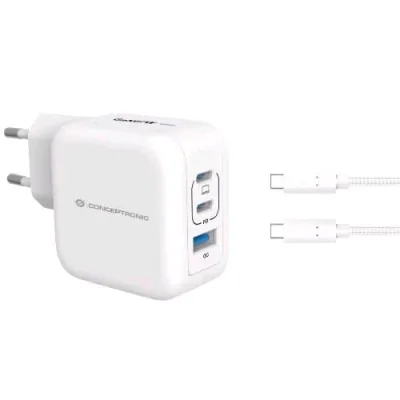 Conceptronic ALTHEA17W Caribatterie da Rete USB PD Gan 3 Porte 67 W con Cavo di Ricarica USB-C Maschio-Maschio 1.5 m Bianco