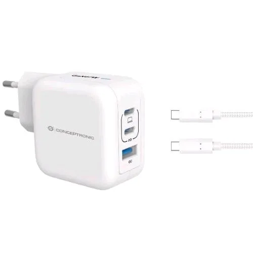 Conceptronic ALTHEA17W Caribatterie da Rete USB PD Gan 3 Porte 67 W con Cavo di Ricarica USB-C Maschio-Maschio 1.5 m Bianco