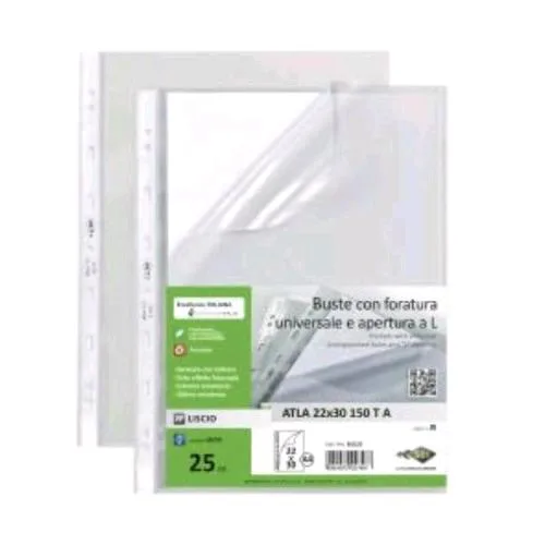 Sei Rota Atla T a Buste con Foratura Universale e Apertura a L in PP Liscio CM 22X30 A4 Trasparente Conf 25 Pz.