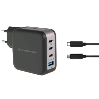 Conceptronic ALTHEA18B Caricabatterie da Rete Gan PD 100 W 4 Porte 3 x USB-C - 1X USB-A, QC 3.0 PPS con Cavo USB-C Maschio-Maschio 1.5 m Incluso Nero