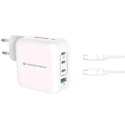 Conceptronic ALTHEA18W Caricabatterie PD USB Gan 100W 4 Porte (3 x USB-C, 1 x USB-A, QC 3.0, PPS) con Cavo di Ricarica USB-C Bianco
