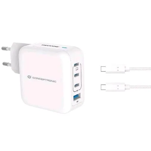 Conceptronic ALTHEA18W Caricabatterie PD USB Gan 100W 4 Porte (3 x USB-C, 1 x USB-A, QC 3.0, PPS) con Cavo di Ricarica USB-C Bianco