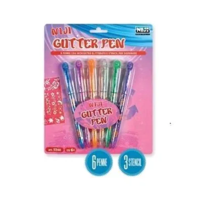 NIJI Glitterate Penna Pastello Inchiostro Gel Col. Assortiti Glitterati + 3 Stencil Conf. 6 Pz.