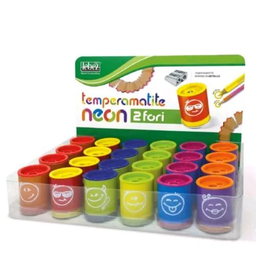 Lebez Espositore Temperamatite Neon 2 Fori con Serbatoio Colori Assortiti Conf 24 Pz.