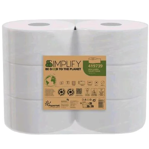 Papernet Jumbo Mini Simplify Carta Igenica 2 Veli in Cellulosa 30.5X8.6 cm 557 Strappi Bianco Conf 6 Pz.