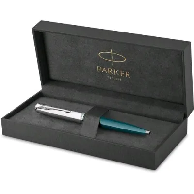 Parker 51 Penna a Sfera Punta M Corpo Blu Foglia di Te' Finiture Cromate Inchiostro Nero Confezione Regalo