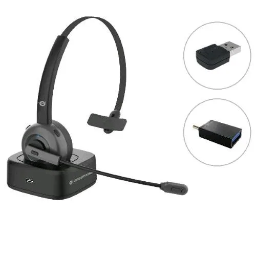 Conceptronic Cuffie con Microfono Wireless Bluetooth con Dock per Ricarica e Adattatore Audio BT
