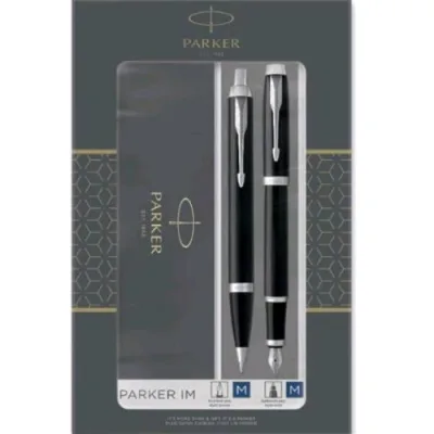 Parker Im Duo Set Penna a Sfera Punta M e Penna Stilografica Punta M Puntale Cromato Inchiostro Nero