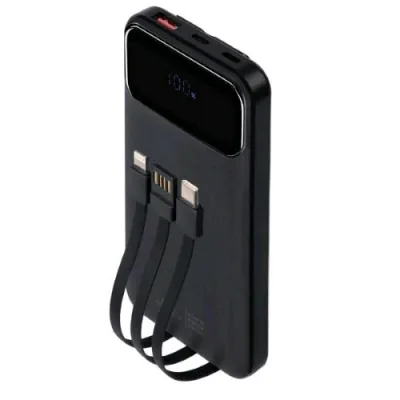 Rivacase Power Bank 10.000mAh 22.5W Fast Charger con 3 Cavi Integrati (di Cui Type C ed USB con Funzione Ricarica) Nero