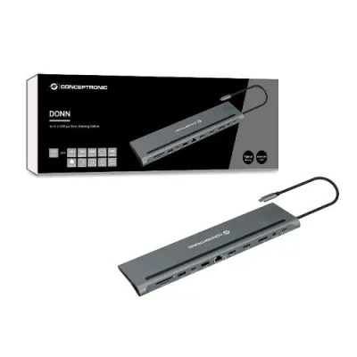 Conceptronic DONN17G Docking Station 12-in-1 2XUSB-A 3.2 2XUSB-C 100W 2XHDMI Jack 3.5 mm 1XLAN RJ-45 Lettore Microsd/SD Uscita Audio Grigio