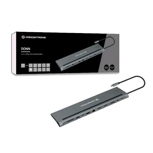Conceptronic DONN17G Docking Station 12-in-1 2XUSB-A 3.2 2XUSB-C 100W 2XHDMI Jack 3.5 mm 1XLAN RJ-45 Lettore Microsd/SD Uscita Audio Grigio