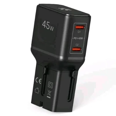 Celly Multiplug Slim Travel Charger Caricabatterie da Rete Adatto a Tutte le Prese del Mondo 45 W 2 x USB-C Nero