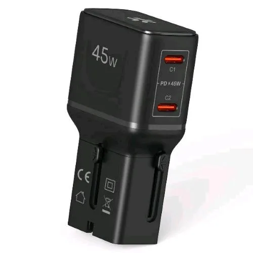 Celly Multiplug Slim Travel Charger Caricabatterie da Rete Adatto a Tutte le Prese del Mondo 45 W 2 x USB-C Nero