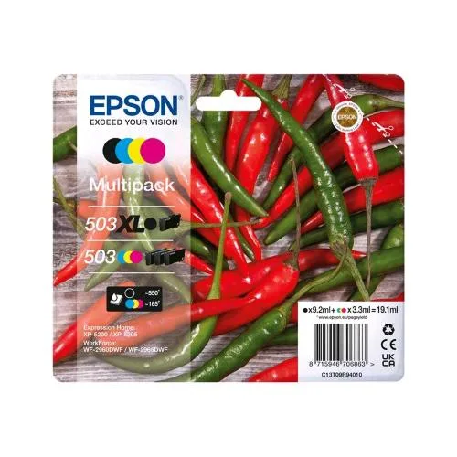 Epson 503/503 XL Multipack Confezione da 4 Cartucce Nero XL + Giallo Ciano Magenta Standard per Epl 5200; Rip Station 5200; Workforce WF-2960