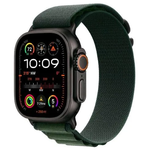 Apple Watch Ultra 2 GPS + Cellular 4G 49mm Cassa in Titanio Nero Cinturino Alpine Loop Verde Scuro - Medium