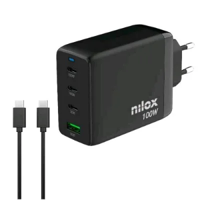 Nilox Caricabatterie da Rete Gan 100 W 4 Porte 3 x USB-C 1 x USB-A + Cavo USB-C 2 Metri Incluso Nella Confezione Nero