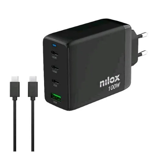 Nilox Caricabatterie da Rete Gan 100 W 4 Porte 3 x USB-C 1 x USB-A + Cavo USB-C 2 Metri Incluso Nella Confezione Nero